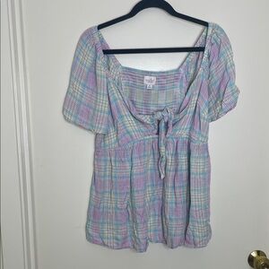 Pastel Plaid Peekaboo Tie-Front Blouse
